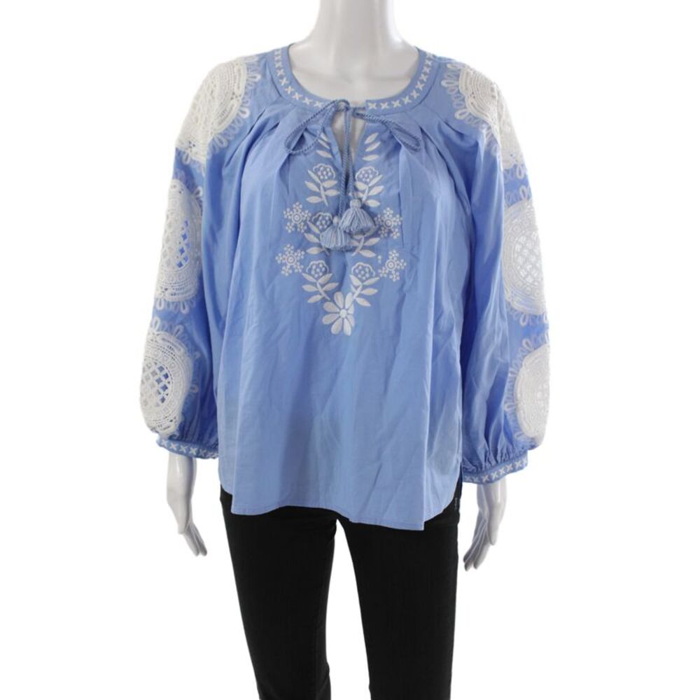 Figue Womens Tunic Blouse Blue Tie Neck Long Sleeve Floral Cotton Size XS
